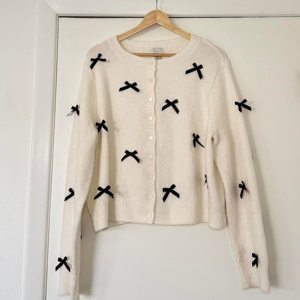 Cream Bow Cardigan Black Ribbon Detail Coquette Knit XL